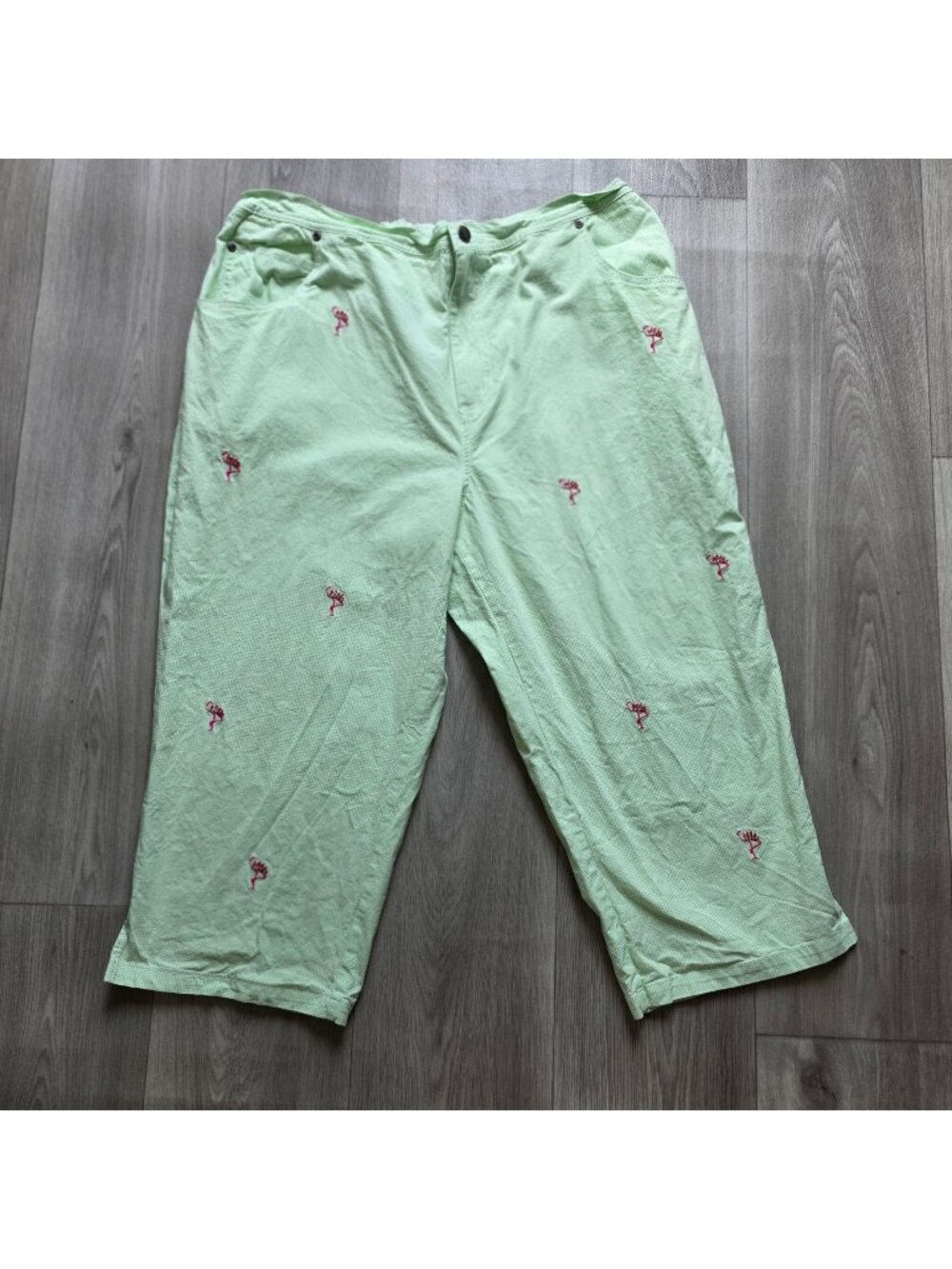 Quacker Factory Green Capri Pants With Embroidered Flamingos & Bead Accents 2X -